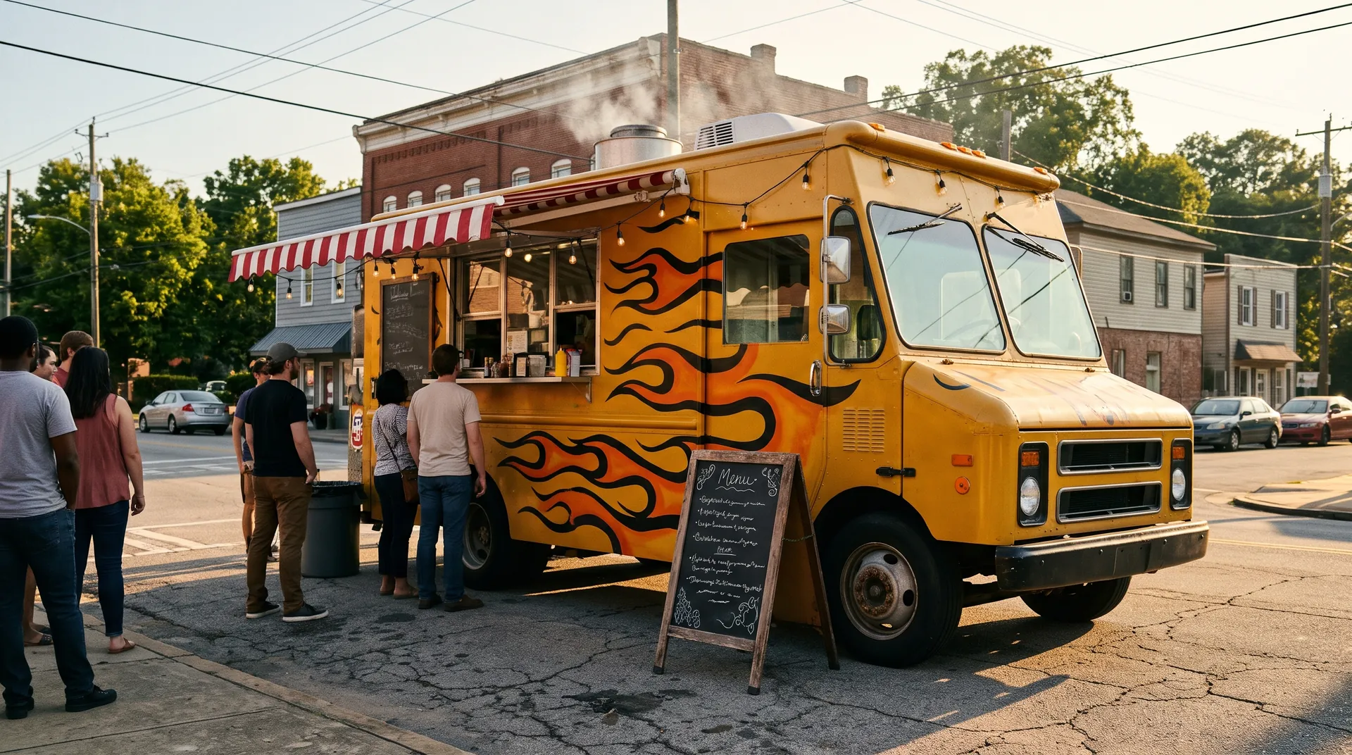 The mustard yellow wing truck with orange flames and a striped awning, a line of people at the window