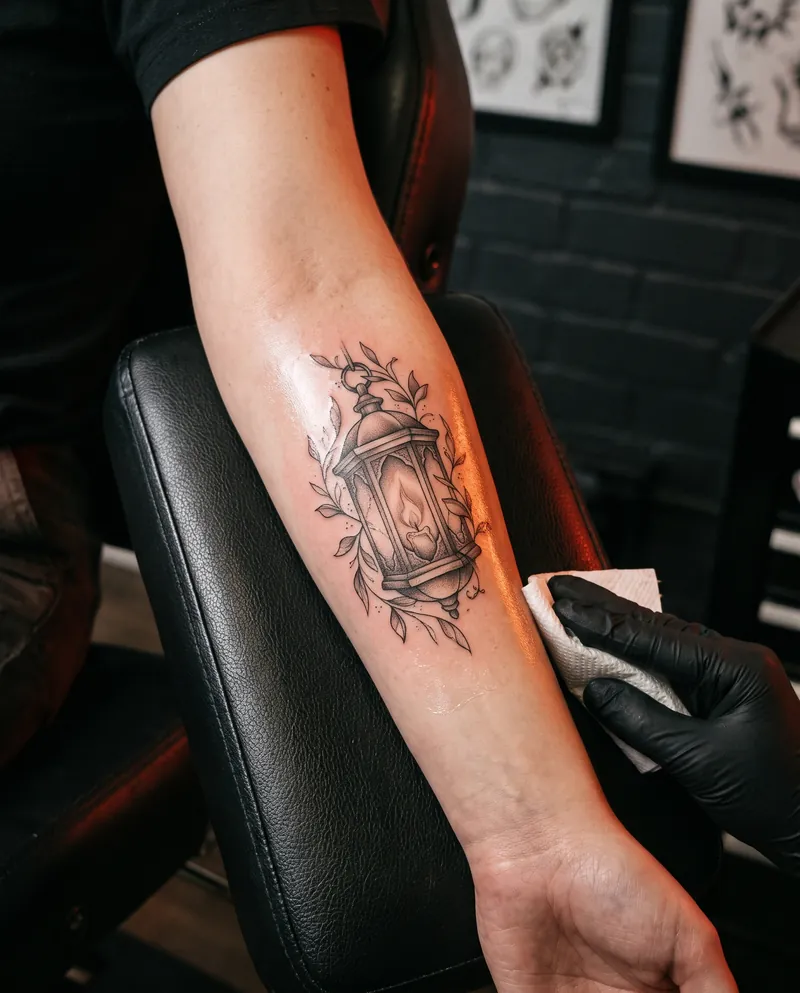 A fresh fine line tattoo of a glowing lantern wrapped in leaves, on a forearm